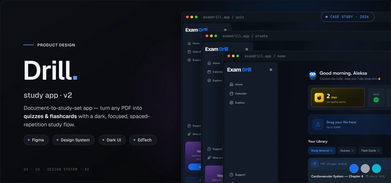 Exam Drill — examdrill.app shown across three browser windows (home, create and quiz) in a dark, category-coded study UI.