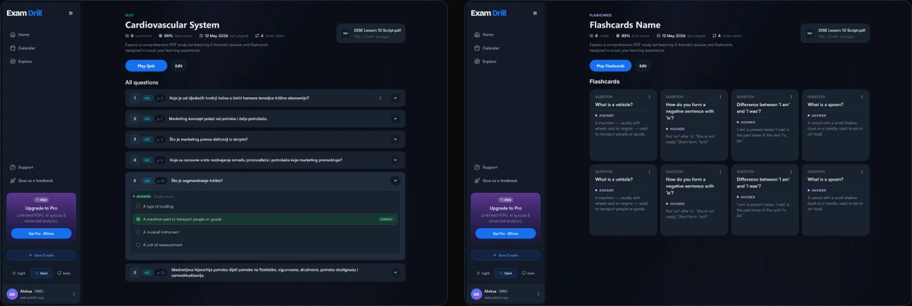 Exam Drill desktop — a quiz screen and a flashcard screen side by side, dark UI with category-coded accents.