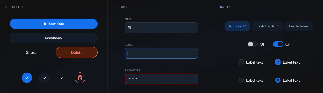Core component states — buttons, inputs, tabs, switches, checkboxes and radios in the Exam Drill dark UI.