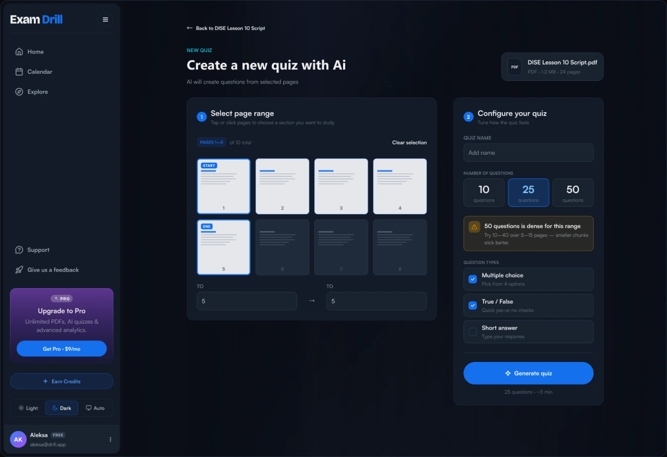 The Exam Drill AI generation flow — upload a PDF, generate a quiz with AI, and review the produced study set.