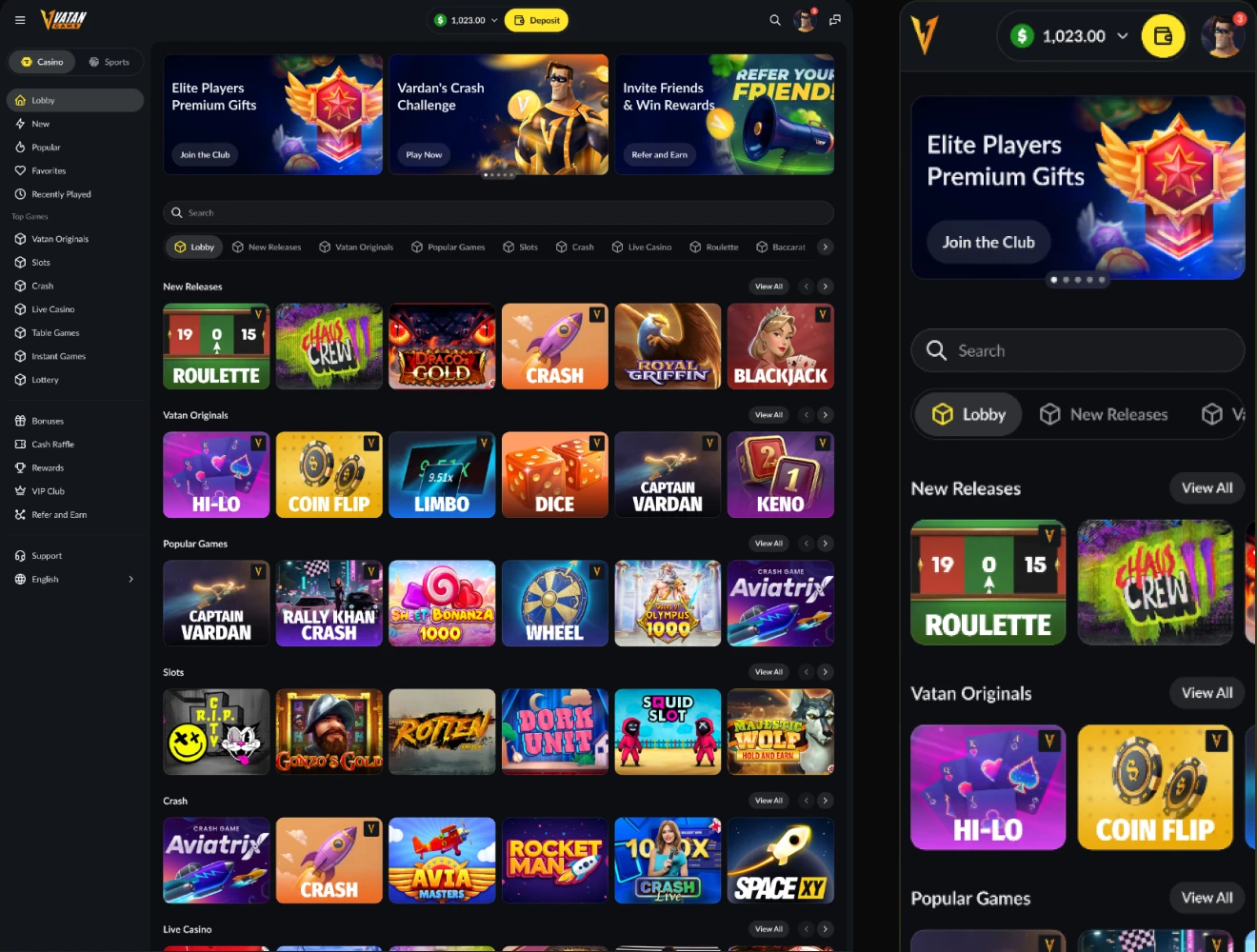 vatan casino lobby — desktop game grid with categories and a mobile lobby beside it.