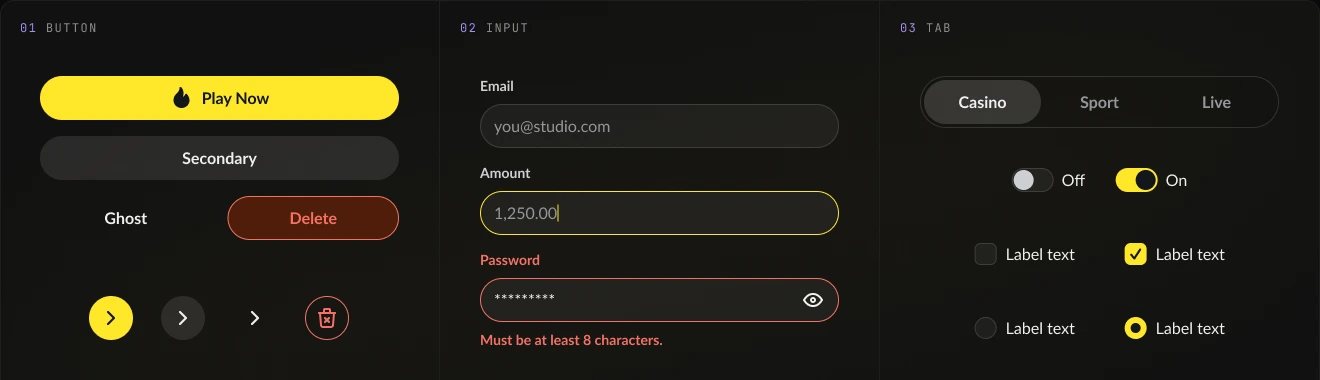 Core component states — buttons, inputs with focus and error states, tabs, switches, checkboxes and radios.