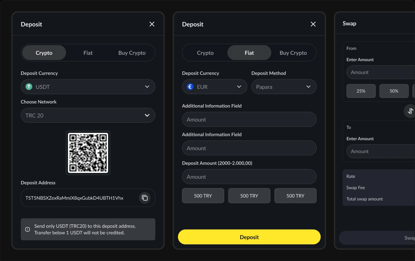 Three cashier dialogs: a crypto deposit with USDT/TRC-20 and a QR address, a fiat deposit, and a swap.